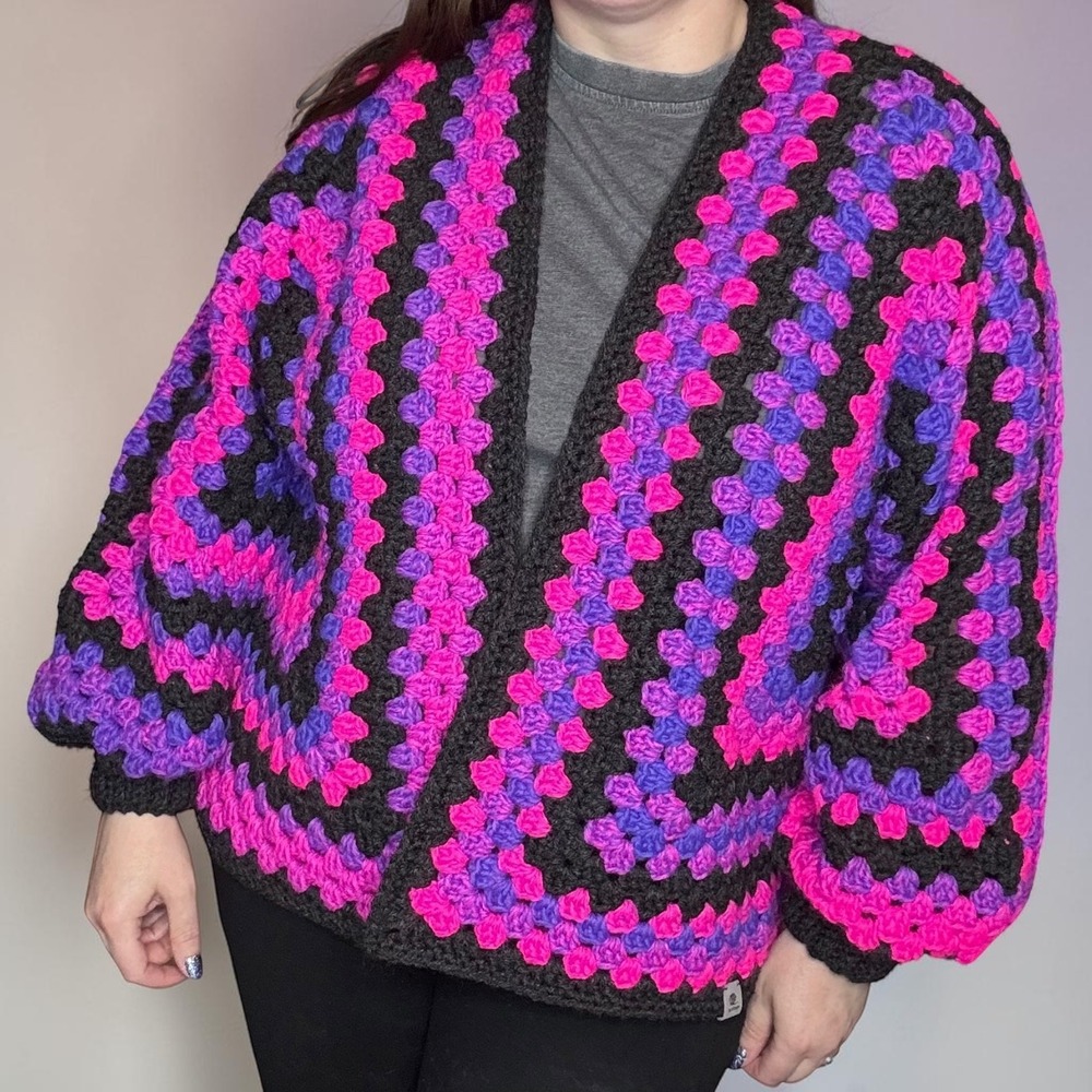 Handmade Pink Purple Crochet Granny Hexagon Cardigan Women XL Boho